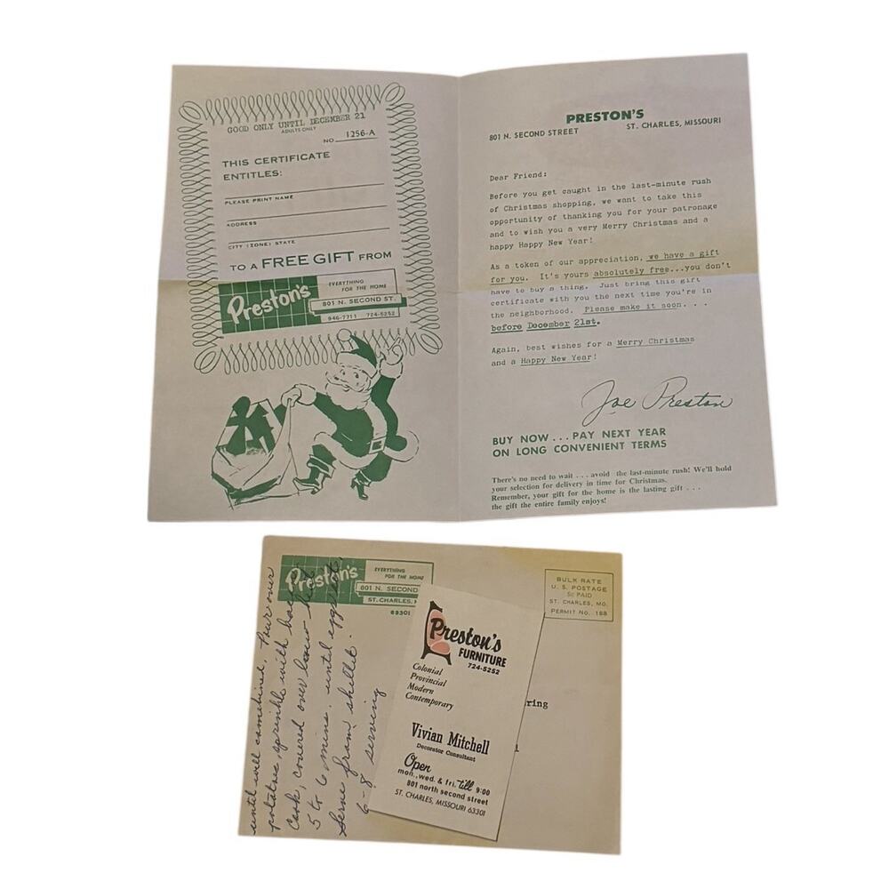 VTG 1960s Preston’s Furniture St. Charles MO Advertising Letter Certificate